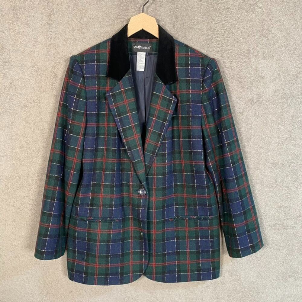 Vintage Sag Harbor Womens Tartan Plaid Wool Blend Blazer‎ Size 14 Velvet Collar